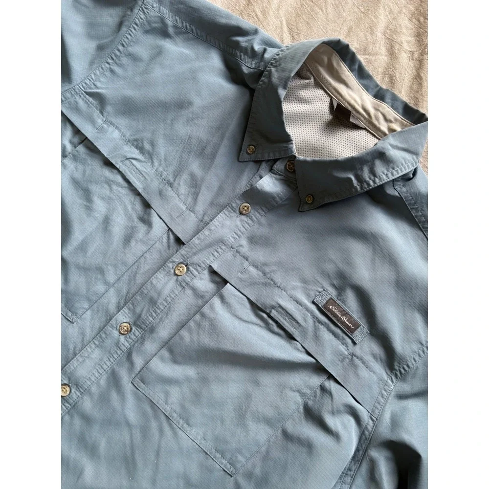 Eddie‎ Bauer Mens 2XL Blue Long Sleeve Fishing Shirt Ripstop Vented Hiking